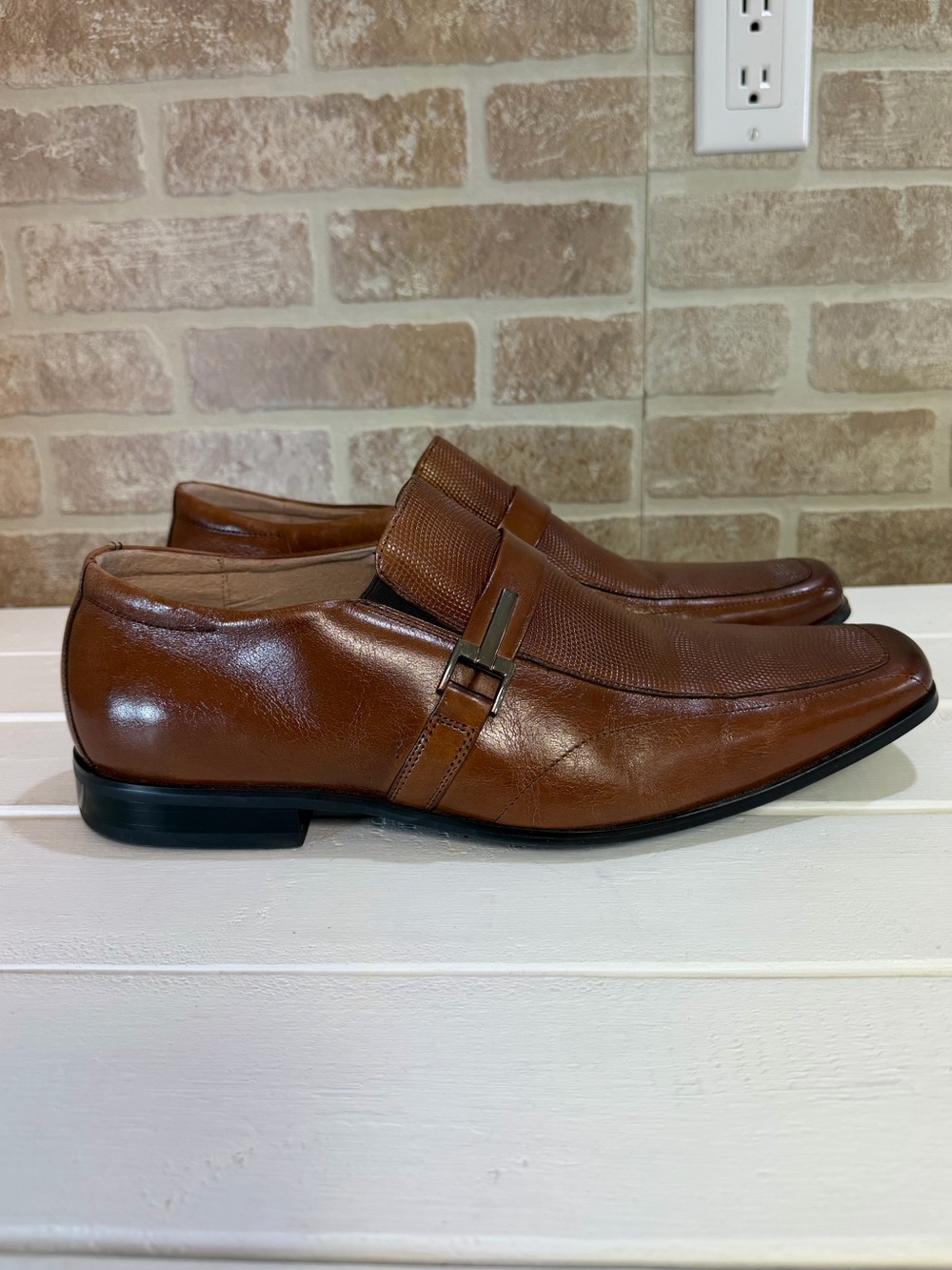 Stacy Adams Men’s Brown Leather Slip-On Dress Loafers Textured Square Toe SZ 12W